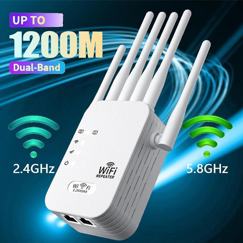 Wifi Extender with 6 Antennas, 2025 Wirecutter Wifi Extender, 1200Mbps Home Signal Booster, Dual Band 5Ghz/2.4Ghz, up to 10000 Sq.Ft and 100 Devices, Two Ethernet Port