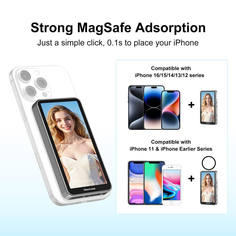Newmowa Touchscreen Phone Vlog Selfie Monitor Screen, Magnetic Wireless Back Camera Selfie Monitor with Focus Adjustment ONLY for Iphone, Support 4K 30Fps Wireless Recording for Iphone 15/16
