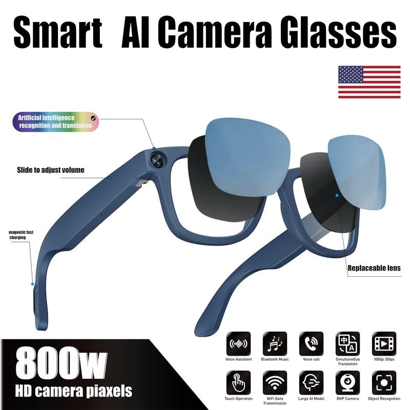 Touch-Control Smart Glasses with 800W HD Camera, Bluetooth Voice Communication, Dual Lenses, Surround Sound, and Smart Polarized Lenses for Daily Activities, Wearable Device in Black