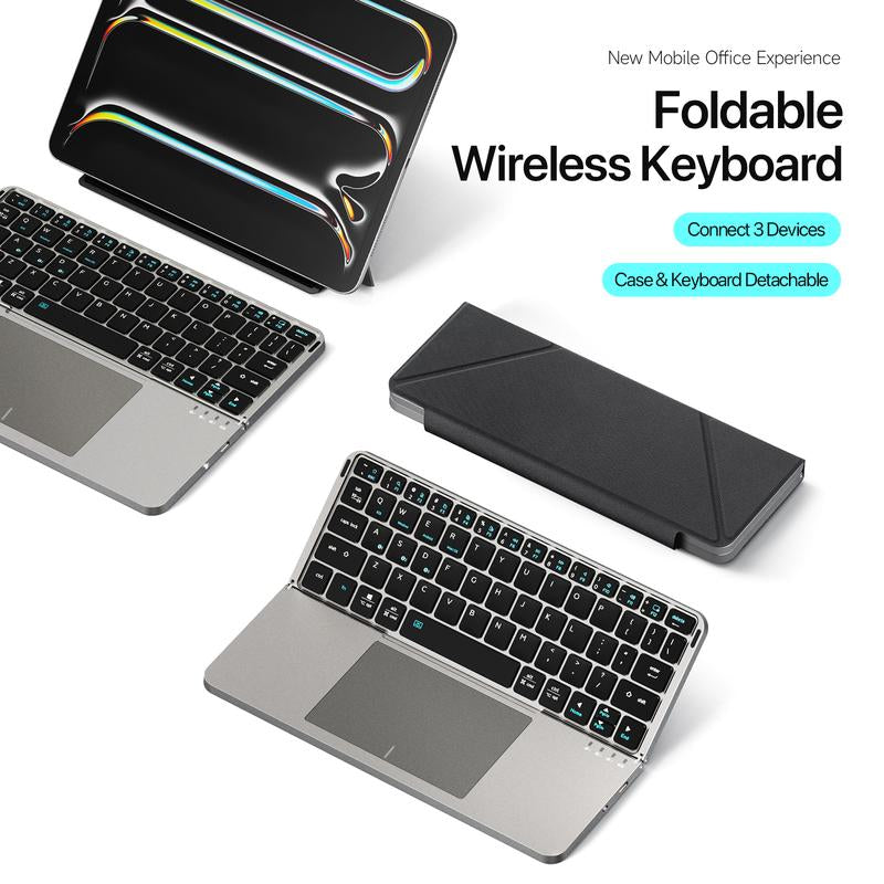Foldable Bluetooth Keyboard with Touchpad & Stand, PU Leather Cover, Ultra-Thin Portable Keyboard Compatible with Ipad Pro/Air/Mini/Tablet