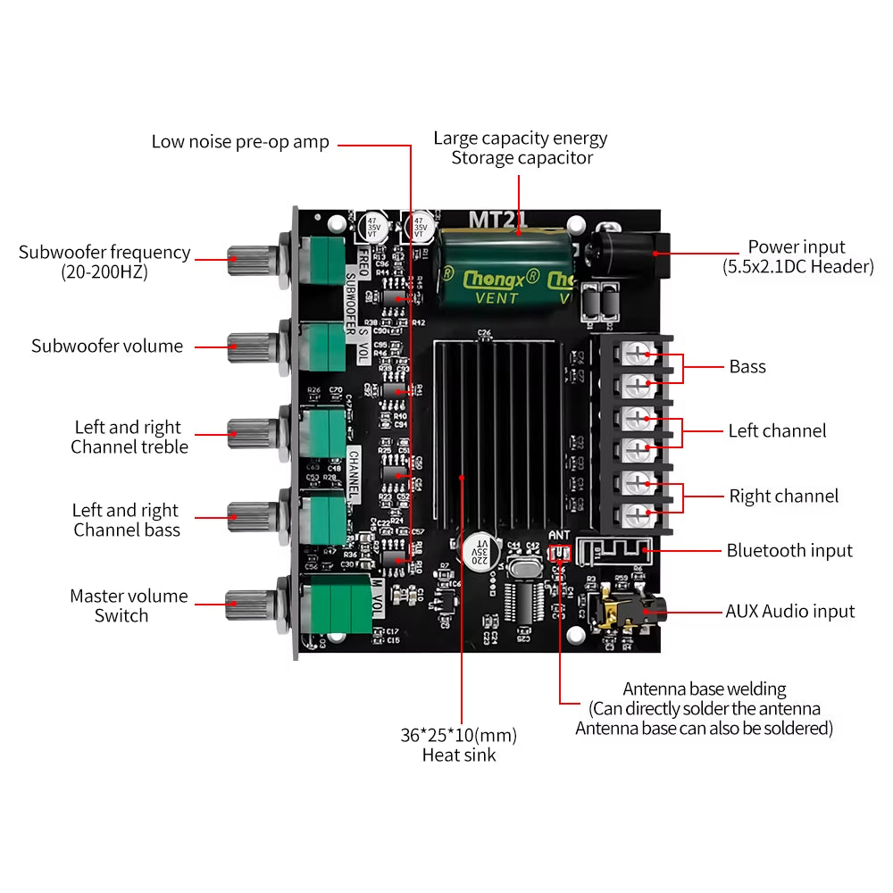 ZK-MT21 Sound Amplifier Module 2X50W+100W 2.1 Channel Subwoofer Bluetooth 5.0 Digital Power Amplifier Board AUX 12V/24V Stereo