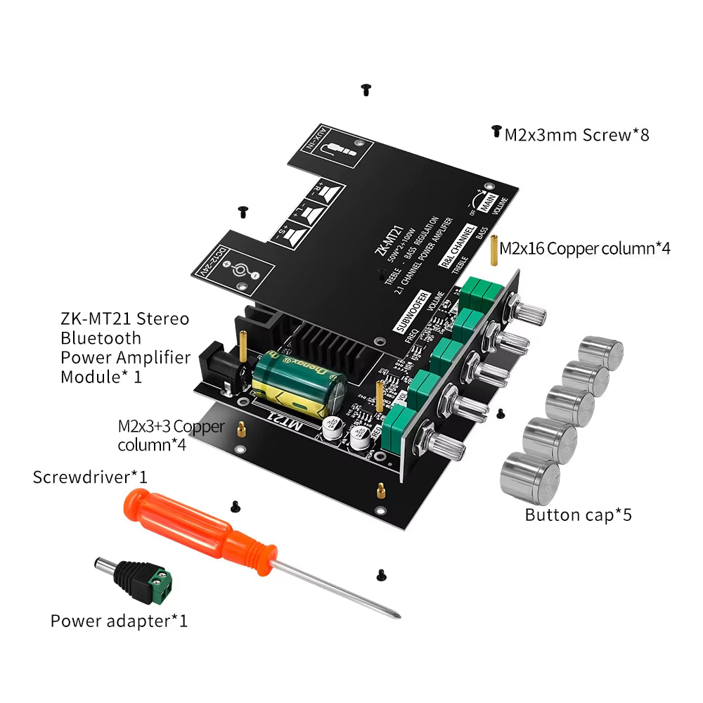ZK-MT21 Sound Amplifier Module 2X50W+100W 2.1 Channel Subwoofer Bluetooth 5.0 Digital Power Amplifier Board AUX 12V/24V Stereo