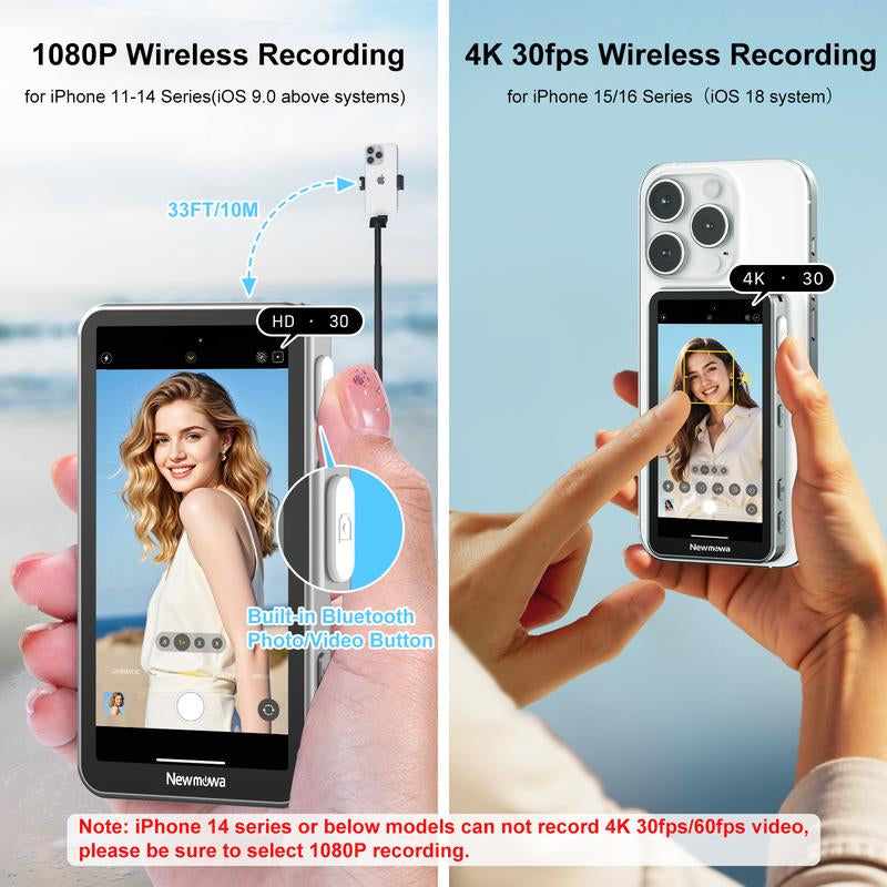 Newmowa Touchscreen Phone Vlog Selfie Monitor Screen, Magnetic Wireless Back Camera Selfie Monitor with Focus Adjustment ONLY for Iphone, Support 4K 30Fps Wireless Recording for Iphone 15/16