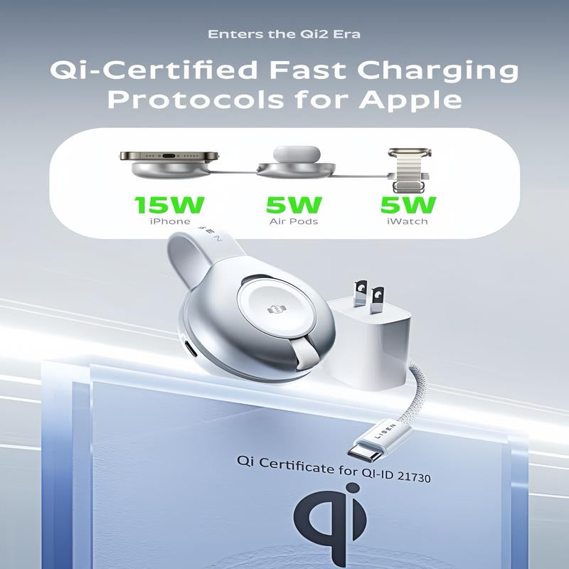 LISEN Qi2 Magsafe Certified 3-In-1 Charging Station, 25W Magnetic Wireless Charger for Iphone 16/15/14/13, Apple Watch & Airpods, USB Cable Included.
