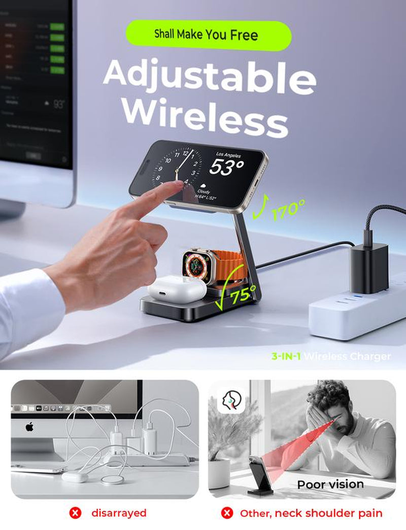 Foldable Sleek Design Charger 3 in 1 for Apple Magsafe Charger Stand Wireless Charger Iphone and Watch Charging Station for Multiple Devices for Apple with Iphone 15 Pro Max Airpods Apple Watch Perfect Gifts