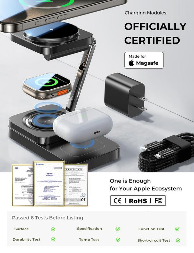 Foldable Sleek Design Charger 3 in 1 for Apple Magsafe Charger Stand Wireless Charger Iphone and Watch Charging Station for Multiple Devices for Apple with Iphone 15 Pro Max Airpods Apple Watch Perfect Gifts