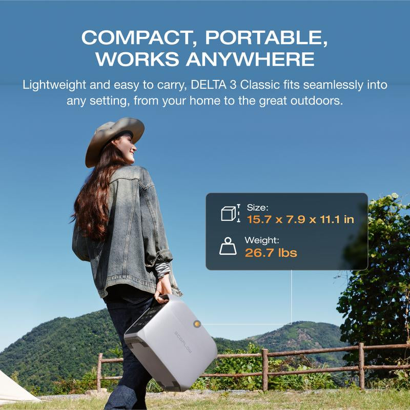 DELTA 3 Classic Portable Power Station with 220W Solar Panel, Solar Charging, Lifepo4 Battery, 1800W AC/100W USB-C Output