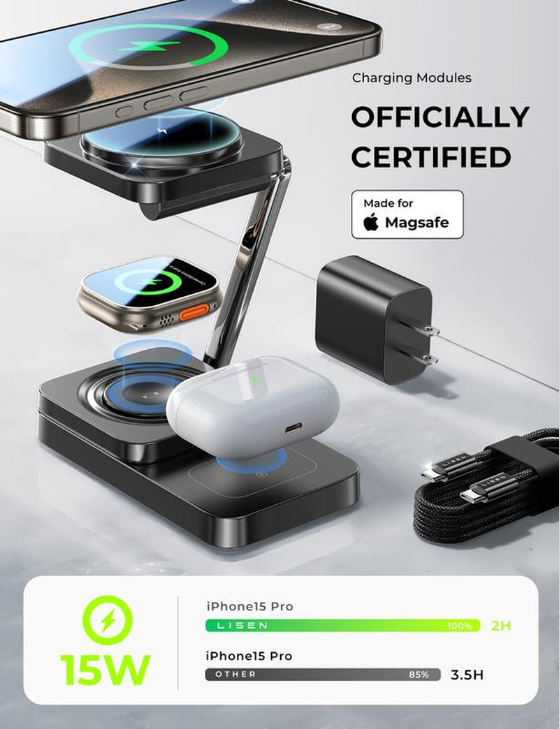 Foldable Sleek Design Charger 3 in 1 for Apple Magsafe Charger Stand Wireless Charger Iphone and Watch Charging Station for Multiple Devices for Apple with Iphone 15 Pro Max Airpods Apple Watch Perfect Gifts