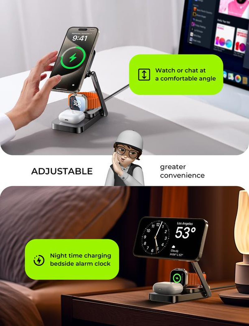 Foldable Sleek Design Charger 3 in 1 for Apple Magsafe Charger Stand Wireless Charger Iphone and Watch Charging Station for Multiple Devices for Apple with Iphone 15 Pro Max Airpods Apple Watch Perfect Gifts