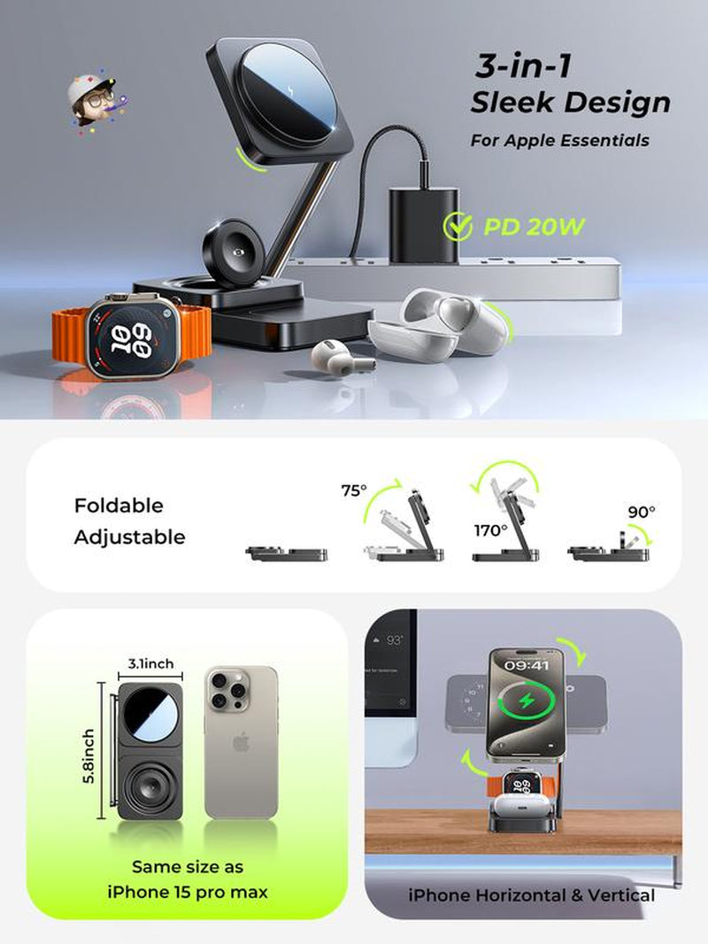 Foldable Sleek Design Charger 3 in 1 for Apple Magsafe Charger Stand Wireless Charger Iphone and Watch Charging Station for Multiple Devices for Apple with Iphone 15 Pro Max Airpods Apple Watch Perfect Gifts