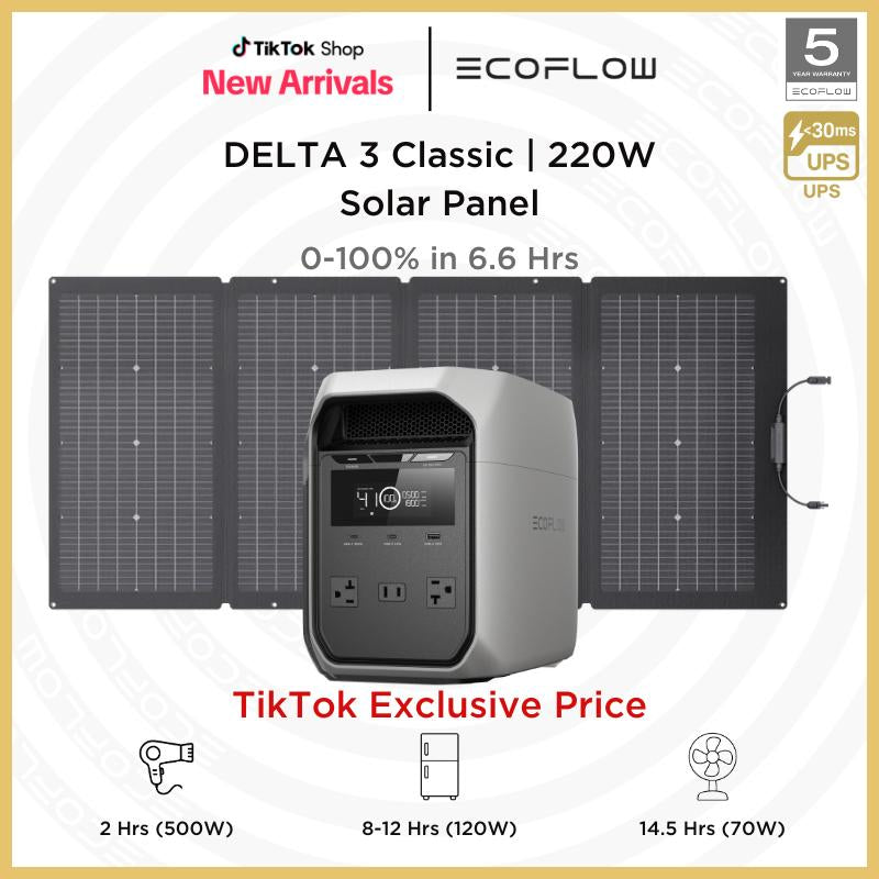 DELTA 3 Classic Portable Power Station with 220W Solar Panel, Solar Charging, Lifepo4 Battery, 1800W AC/100W USB-C Output