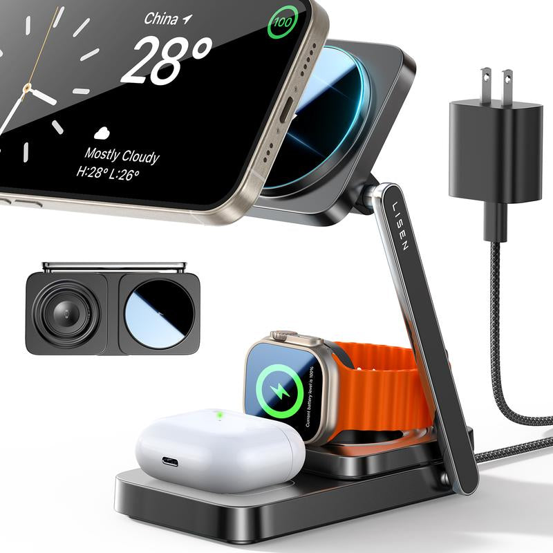 Foldable Sleek Design Charger 3 in 1 for Apple Magsafe Charger Stand Wireless Charger Iphone and Watch Charging Station for Multiple Devices for Apple with Iphone 15 Pro Max Airpods Apple Watch Perfect Gifts