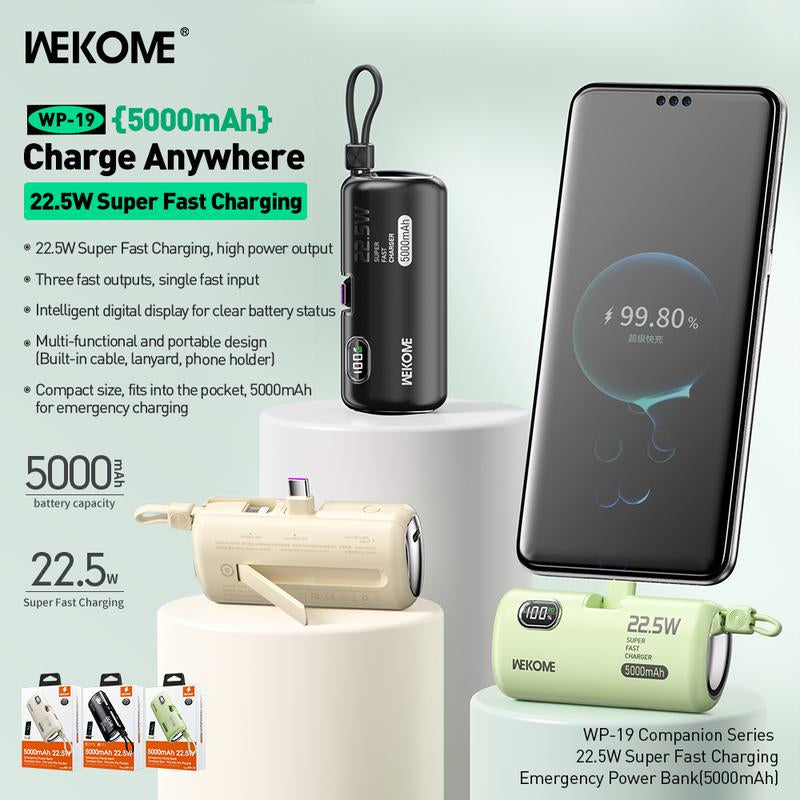 22.5W Fast Charging Power Bank 5000Mah - No Cables Needed Portable Charger with LED Display for Iphone Android Smartphones 