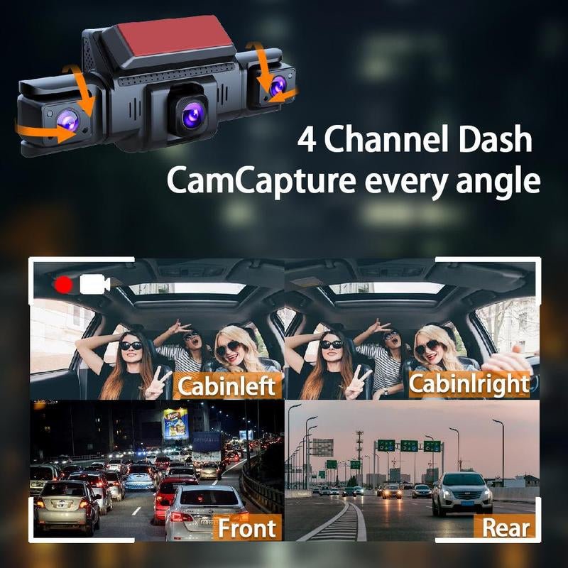 4-Channel Dash Cam with Front Rear inside View 3" IPS Screen 1080P Car DVR 32GB SD Card Included Built-In GPS Wifi Night Vision Parking Mode Loop Recording